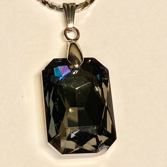 Jeweled Cut Statement Necklace Acrylic Simulated Smoky Topaz 24" Silver Plated - Picture 2 of 8